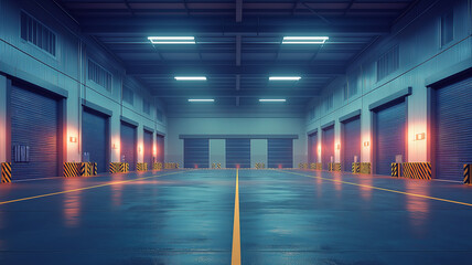 Poster - Large commercial warehouse with towering shelves viewed from below showcasing storage capacity
