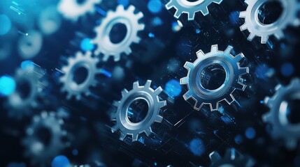 Poster - blue and metallic gears on a dark background with bokeh effect