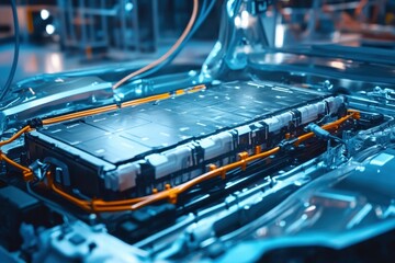 Poster - Electric car battery installation process in a modern automotive factory environment