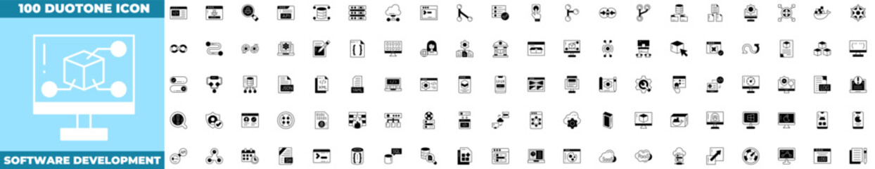 Software Development Duotone Editable Icons set. Vector illustration in modern thin duotone style of Software Development icons: software, develop, code, etc