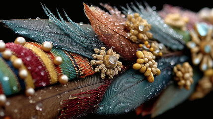 Poster - Colorful Textiles with Pearls and Flowers in Detail Shot