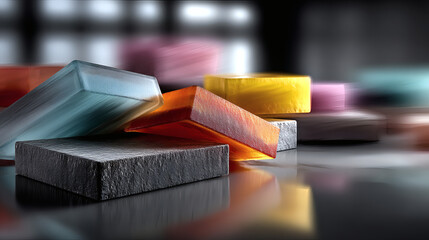 Poster - colorful translucent blocks on dark reflective surface in studio light
