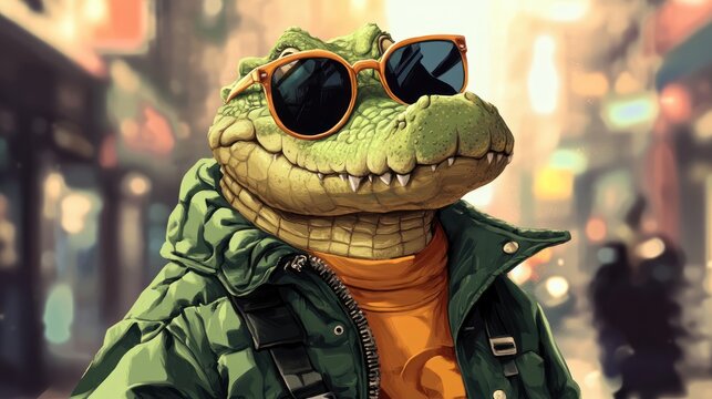 Cartoon crocodile in vintage windbreaker and sunglasses, walking in the city