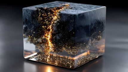 Poster - Cracked Resin Cube Revealing Glowing Golden Interior Details
