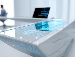 Poster - Futuristic office desk with a glowing interactive holographic display showing architectural data in a sleek modern workspace