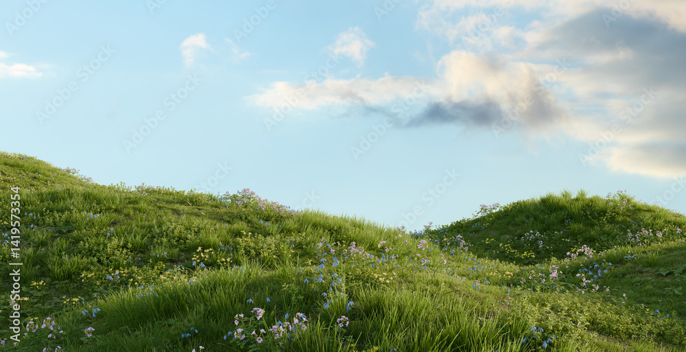 Idyllic Countryside Landscape with Rolling Hills and Wildflowers. 3D ...