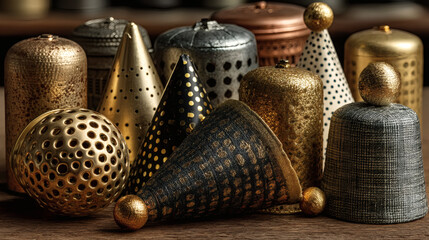Poster - Decorative Metallic Shapes in Gold and Silver on Rustic Surface
