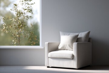 Poster - minimalist photograph capturing serene room with comfy armchair placed by large window filled with natural light pouring