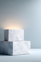 Poster - minimalistic podium with ambient backlighting in open space offering ample copy space for clean image
