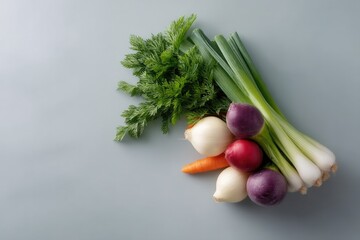 Poster - minimalistic arrangement featuring farm-fresh vegetables and fruits on plain background arranged in way that highlights