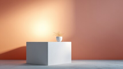 Poster - minimalistic empty podium with atmospheric volumetric lighting is set against vibrant color backgrou