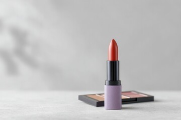 Poster - close-up of assorted lipsticks and palettes arranged on spotless surface