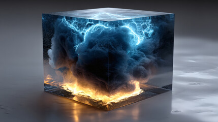 Poster - Dramatic Lightning and Fire Inside a Transparent Cube With Smoke