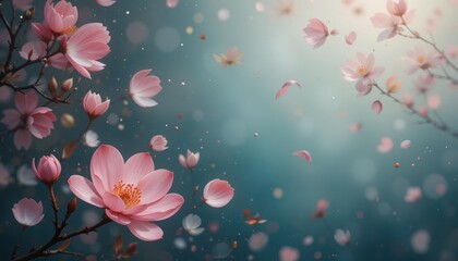 Poster - Delicate cherry blossom petals falling tranquil nature scene floral photography soft focus aesthetic beauty