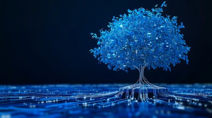 Aufkleber - A futuristic blue tree with circuit-like roots growing on a digital landscape, symbolizing technology and nature