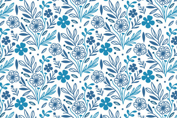  blue floral single line pattern with elegant rose and leaf outlines in seamless repeat for modern fashion and pillow fabrics

