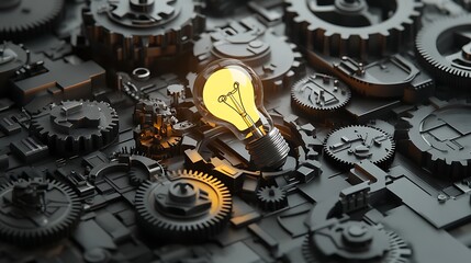 Aufkleber - A glowing light bulb amidst intricate black gears, symbolizing innovation and mechanical creativity