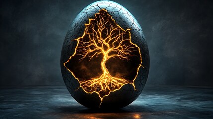 Aufkleber - A mystical egg with a glowing tree design, set against a dark background, symbolizing rebirth