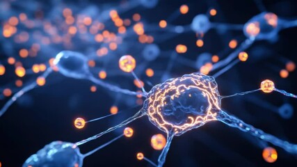 Poster - Close-up View of Neurons with Synapses and Glowing Connections in a Dark Background for Scientific and Medical Illustration