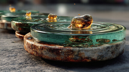 Poster - Elegant Droplets on Glass Plates Creating Ripples in Water