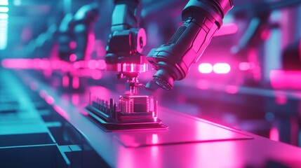 Poster - Futuristic Factory Automation: Robotic Arms Assembling Components Under Neon Lights