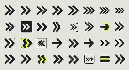 Fototapete - Assorted arrows pointing rightwards direction, forward movement and navigation icons collection for graphic design purposes