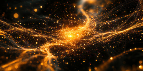 Poster - Cosmic energy flow with glowing particles and luminous strands in dark space.