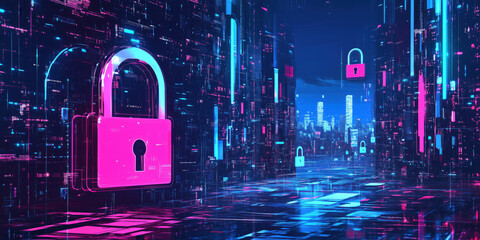 Fototapete - Digital locks securing data in futuristic cyber city with neon lights and technology.