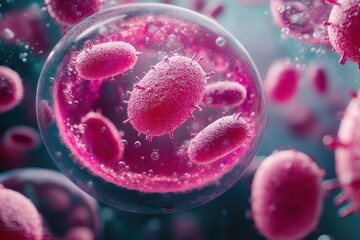 Poster - Microscopic view of pink bacteria exhibiting unique characteristics in a fluid environment
