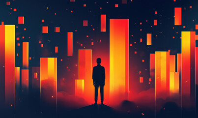 Poster - silhouette of man against vibrant cityscape with glowing rectangles and abstract background.