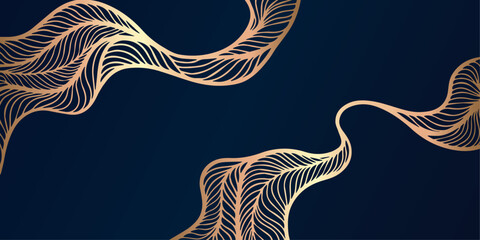 Poster - Luxury abstract background with gold wavy lines. Hand drawn golden waves pattern. Luxury Gold Abstract Flowing Lines Background on Dark Navy Blue. Vector illustration