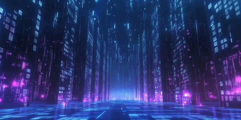 Poster - Futuristic digital corridor with glowing neon lights and data streams.