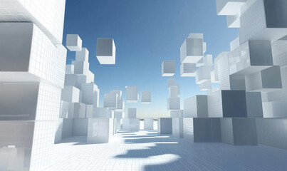 Poster - Abstract 3D landscape with floating cubes and clear blue sky.