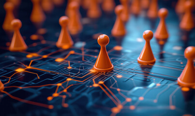 Poster - Orange game pieces on digital circuit board representing strategy and connectivity.