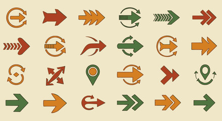 Poster - Set of Retro Directional Arrow Illustrations in Various Styles and Orientations on Beige Background for Design Elements and Navigation