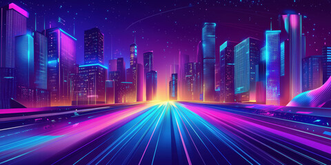 Poster - Futuristic city skyline at night with vibrant neon lights and glowing road.