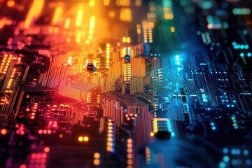 Poster - Colorful abstract close-up of a circuit board illuminated with vibrant lights at night