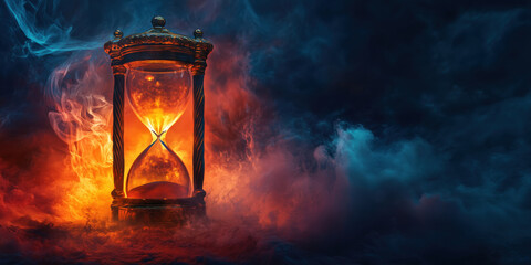 Poster - Hourglass with glowing sand and mystical smoke in vibrant colors.