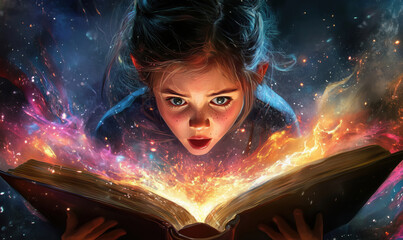 Poster - Girl mesmerized by magical book with vibrant cosmic energy and colorful sparks.