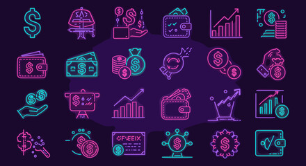 Poster - Financial Growth and Investment Icons in Neon Style for Business and Banking