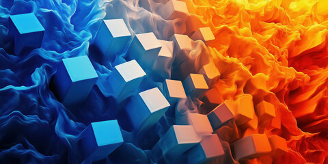 Poster - dynamic abstract composition of blue and orange cubes in swirling waves.