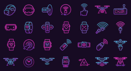 Fototapete - Futuristic Neon Technology Icons Set Depicting Wearable Devices and Drones in Blue and Pink Gradient