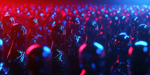 Poster - Futuristic crowd of humanoid robots illuminated by red and blue lights.
