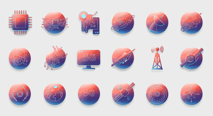 Fototapete - Futuristic technology and 5G network icons set on gradient circles representing innovation and digital connectivity