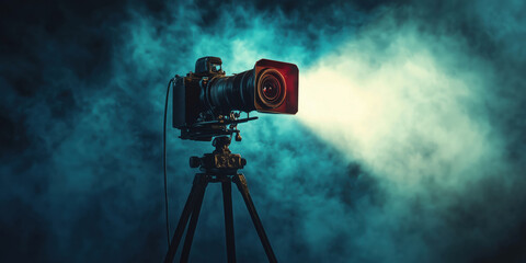 Poster - Camera on tripod with lens projecting light in smoky atmosphere.