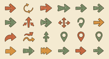 Fototapete - Hand drawn navigation arrows and map pointers in various shapes and directions graphic resource with sketch effect for web design