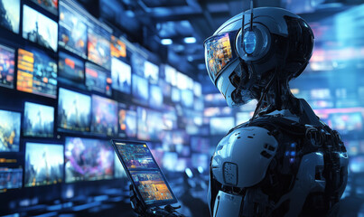 Poster - Futuristic robot analyzing data in a high-tech control room with multiple screens.