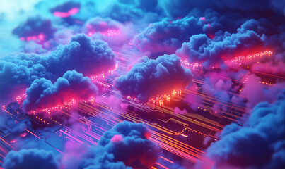 Poster - Futuristic digital landscape with glowing circuits and vibrant clouds.