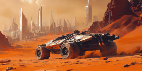 Poster - Futuristic Mars Rover Exploring Red Desert Landscape with Skyscrapers in Background.