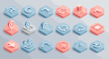 Fototapete - Isometric icon set representing navigation, mapping, and direction for user interface design and web development with modern 3D vector elements